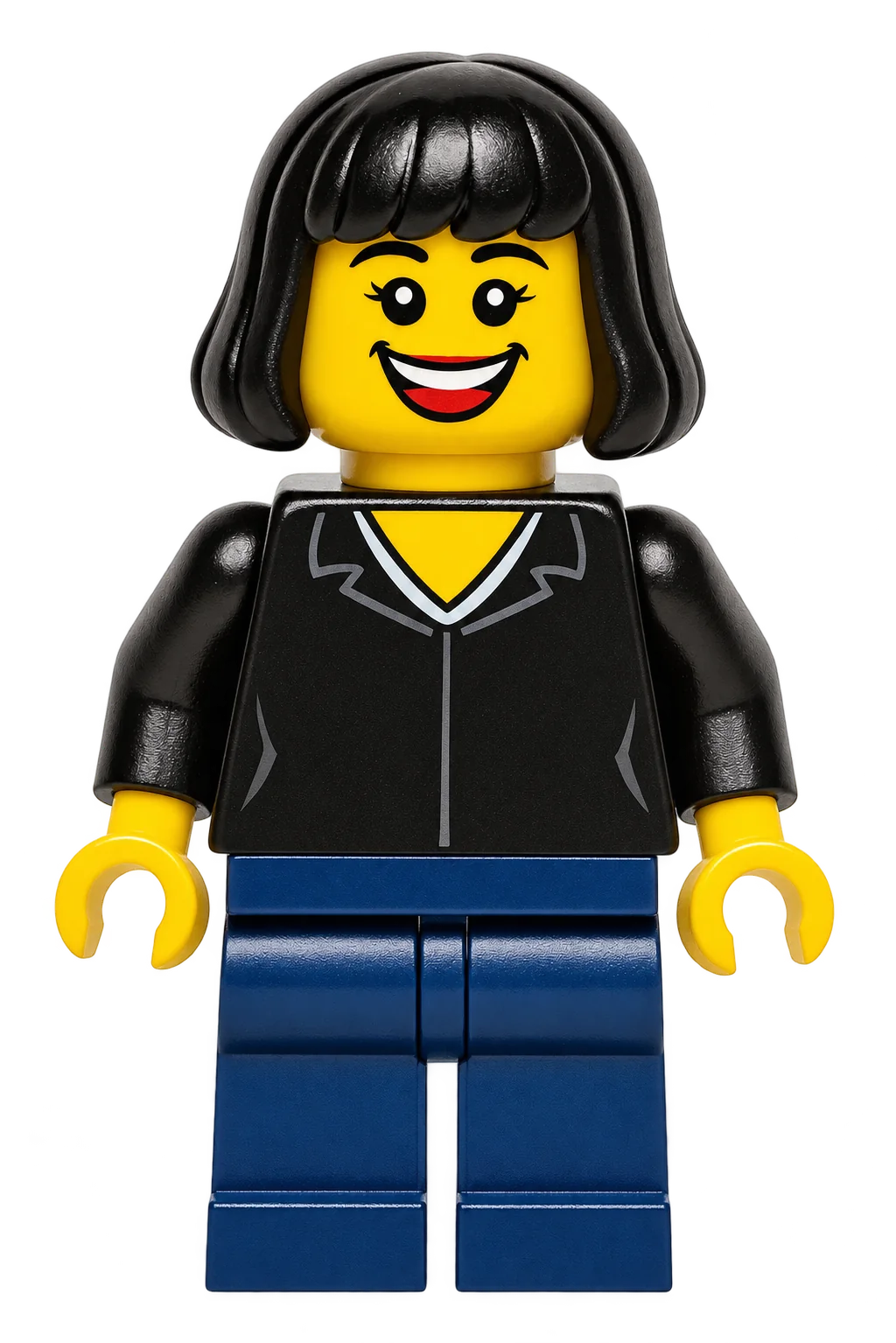 Figurine de brique souriante, cheveux noirs et veste noire, représentant Amina Ozdemir