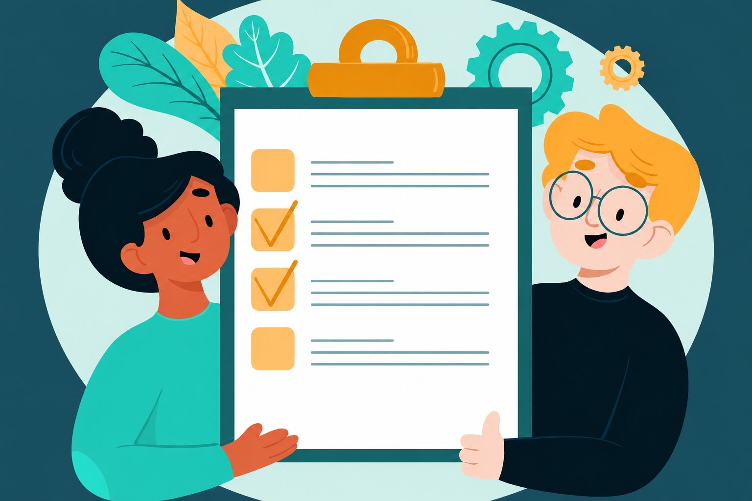Illustration de deux personnes tenant une grande liste de contrôle cochée