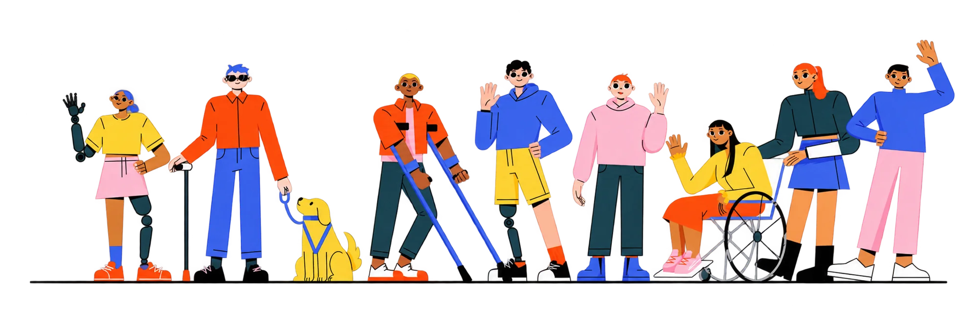 Illustration de huit personnes diverses, dont des personnes en situation de handicap, alignées
