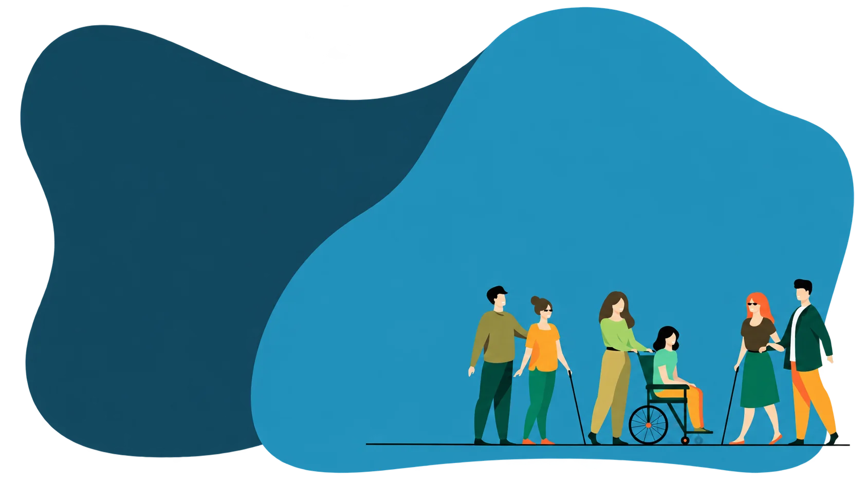Illustration de personnes en situation de handicap, avec cannes blanches et fauteuil roulant, accompagnées par leurs proches