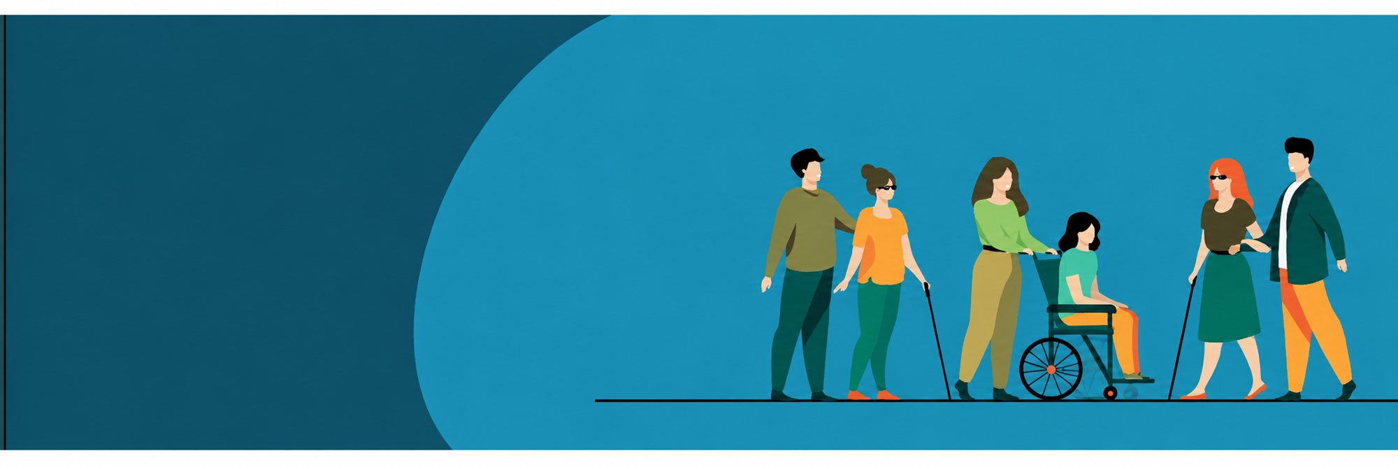 Illustration de personnes handicapées accompagnées, avec cannes blanches et fauteuil roulant