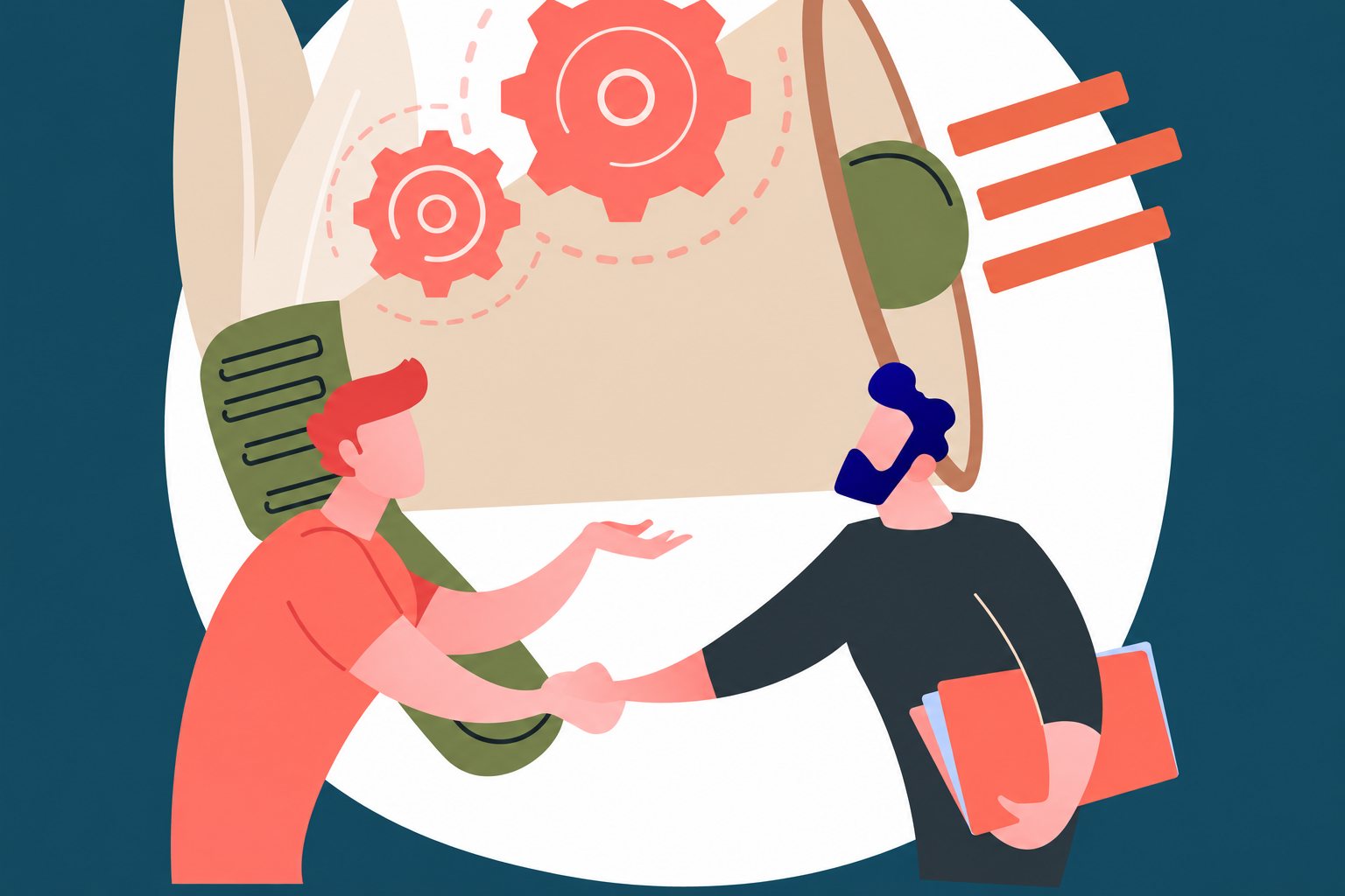 Illustration de deux hommes se serrant la main devant un mégaphone
