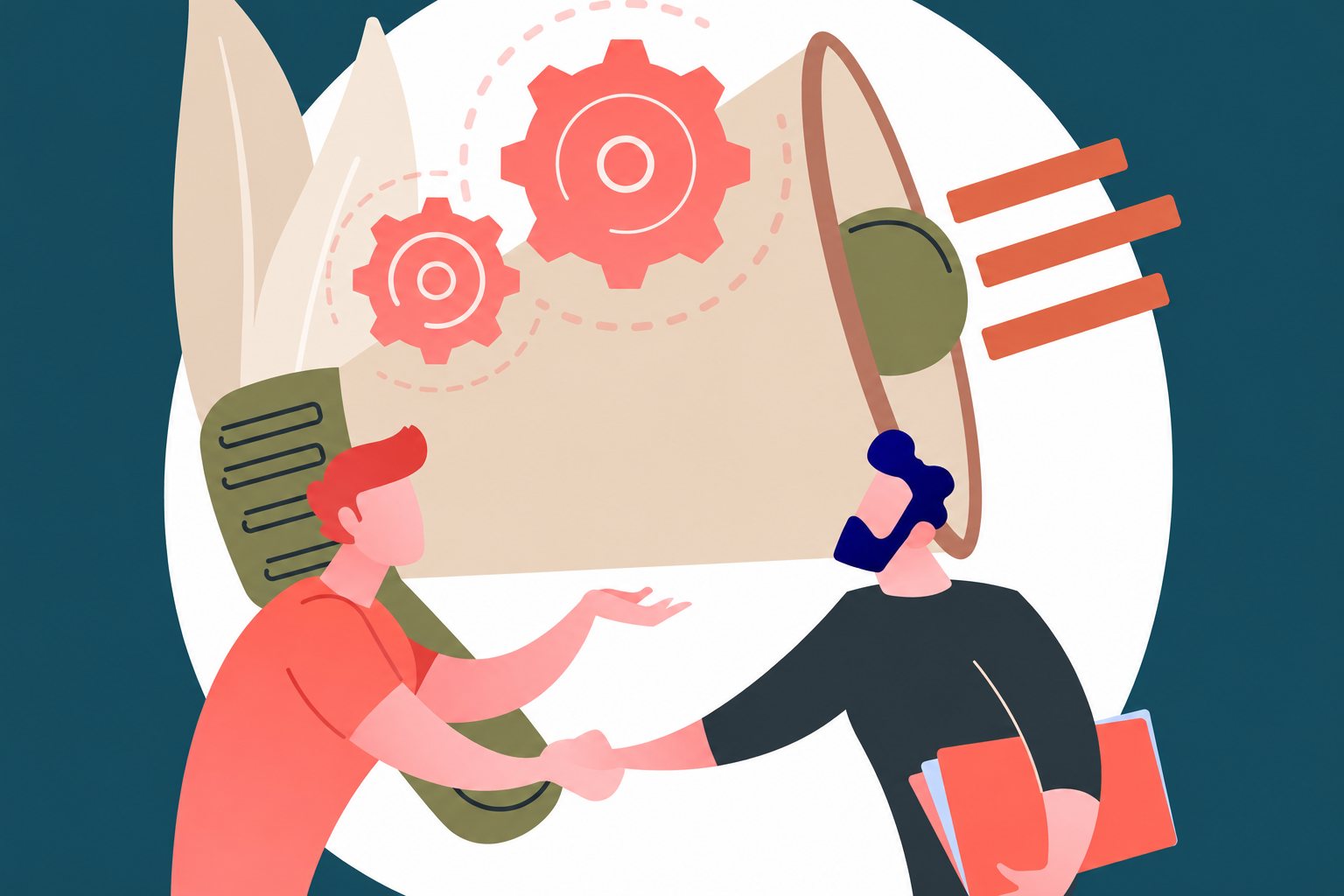 Illustration de deux hommes se serrant la main devant un mégaphone et des engrenages