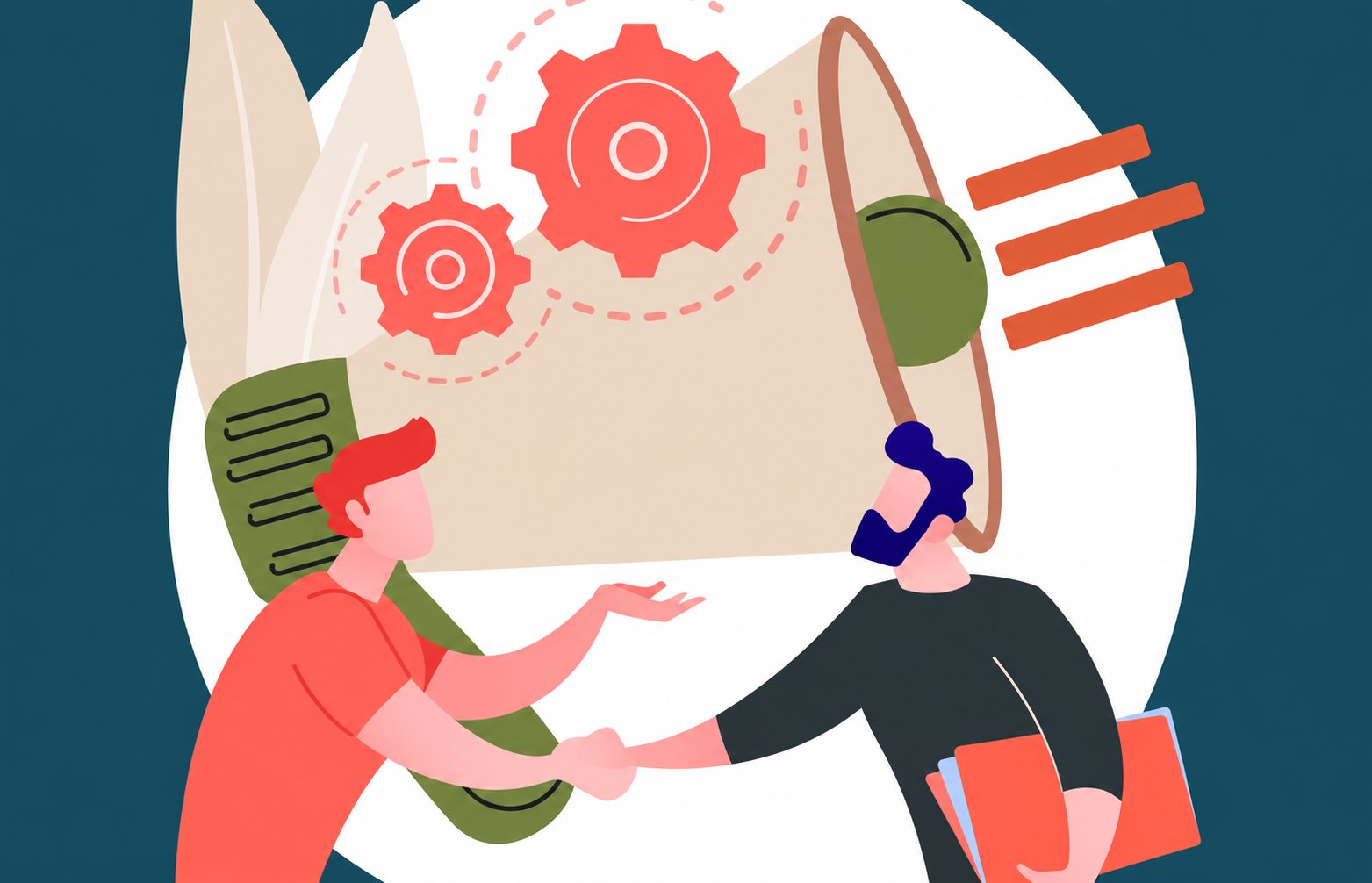 Illustration de deux hommes se serrant la main devant un mégaphone et des engrenages