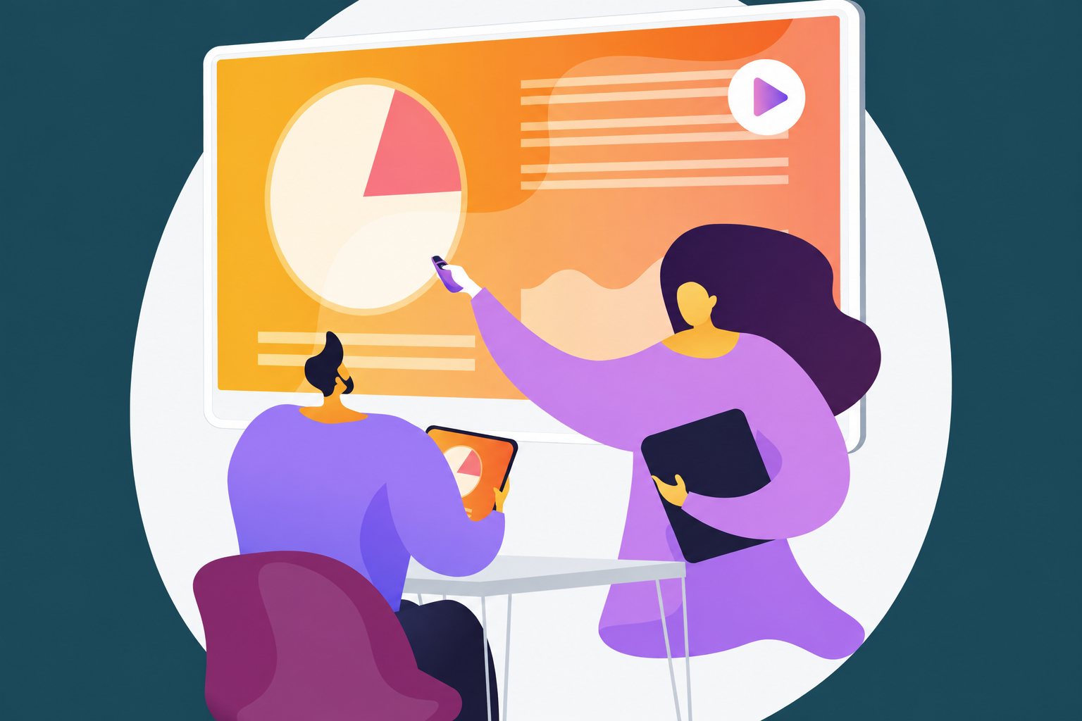 Illustration d’une présentation avec écran, graphique circulaire et deux personnes en réunion