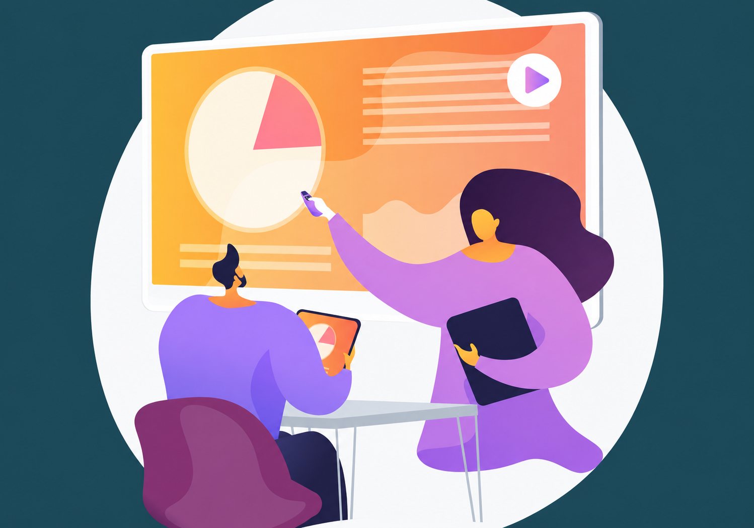 Illustration d’une présentation de graphiques sur grand écran devant un collègue
