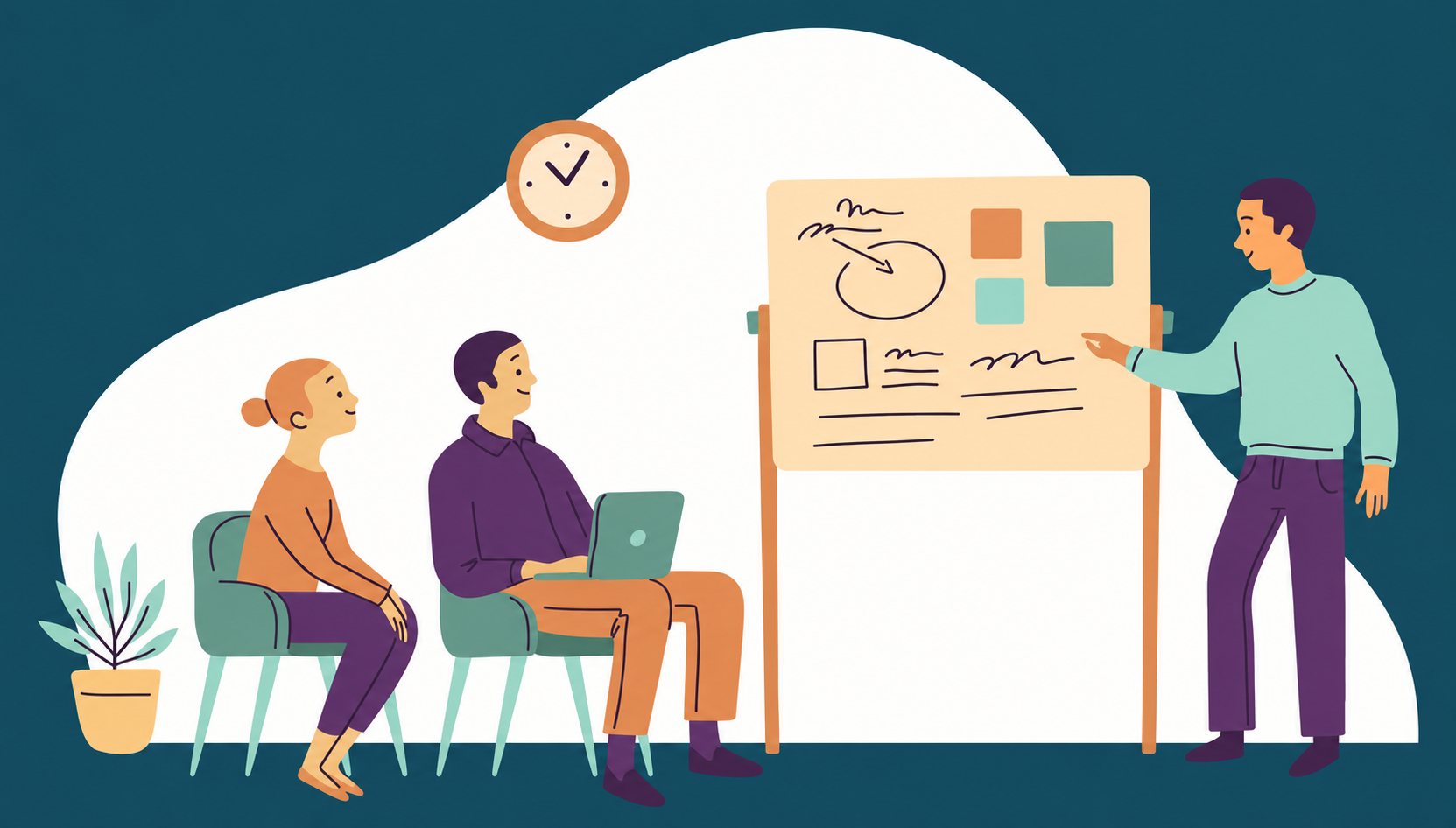 Illustration d’une présentation devant un tableau avec deux personnes assises qui écoutent