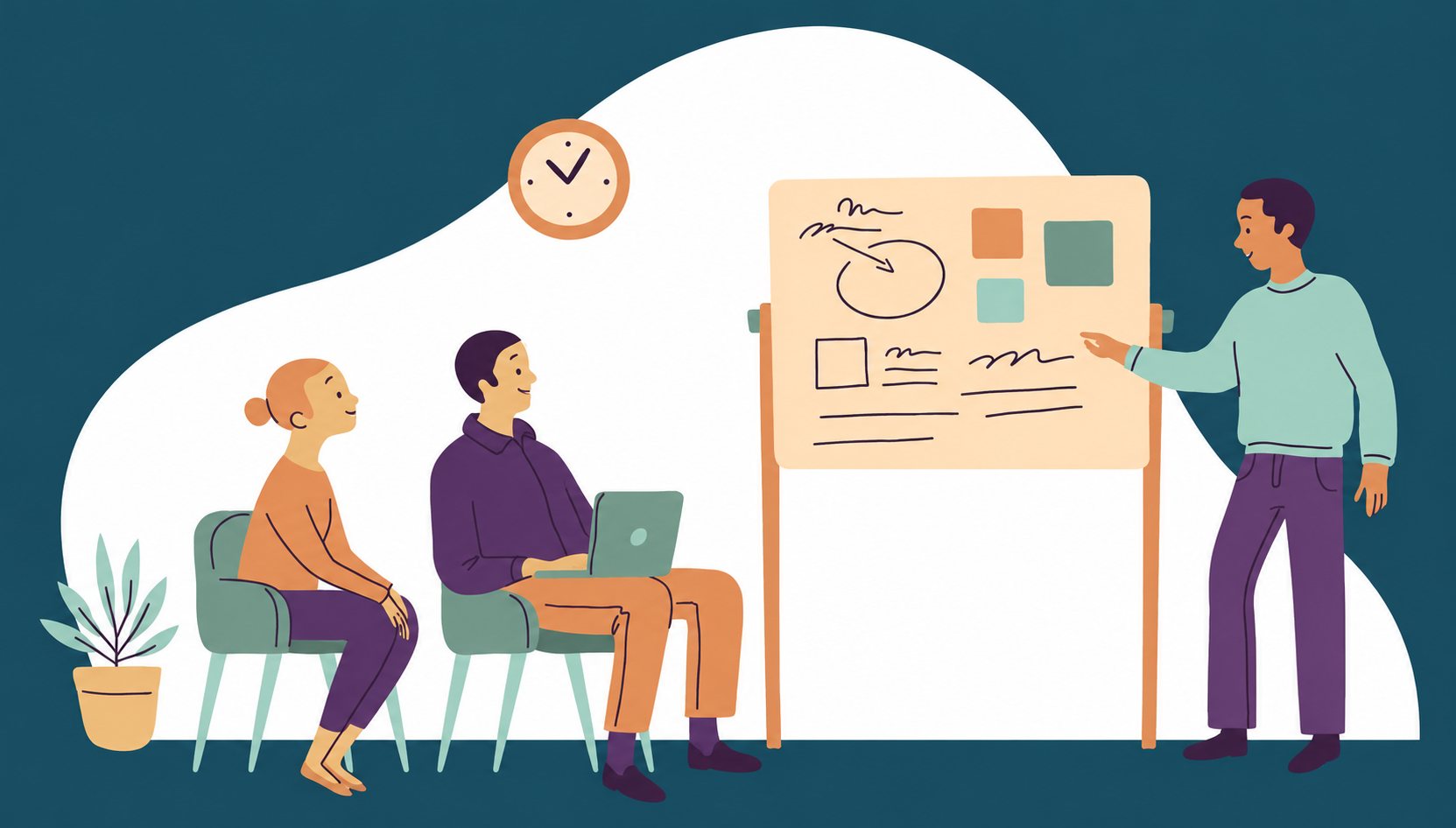 Illustration d’une présentation devant un tableau avec deux personnes assises qui écoutent