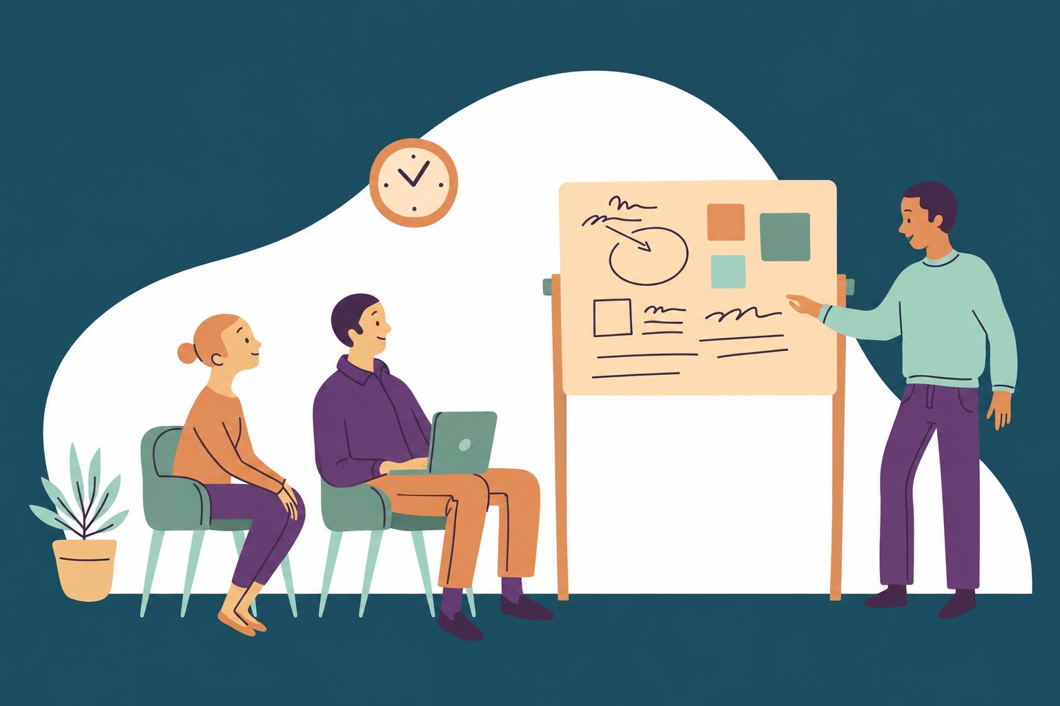 Illustration d’une présentation devant un tableau avec deux personnes assises