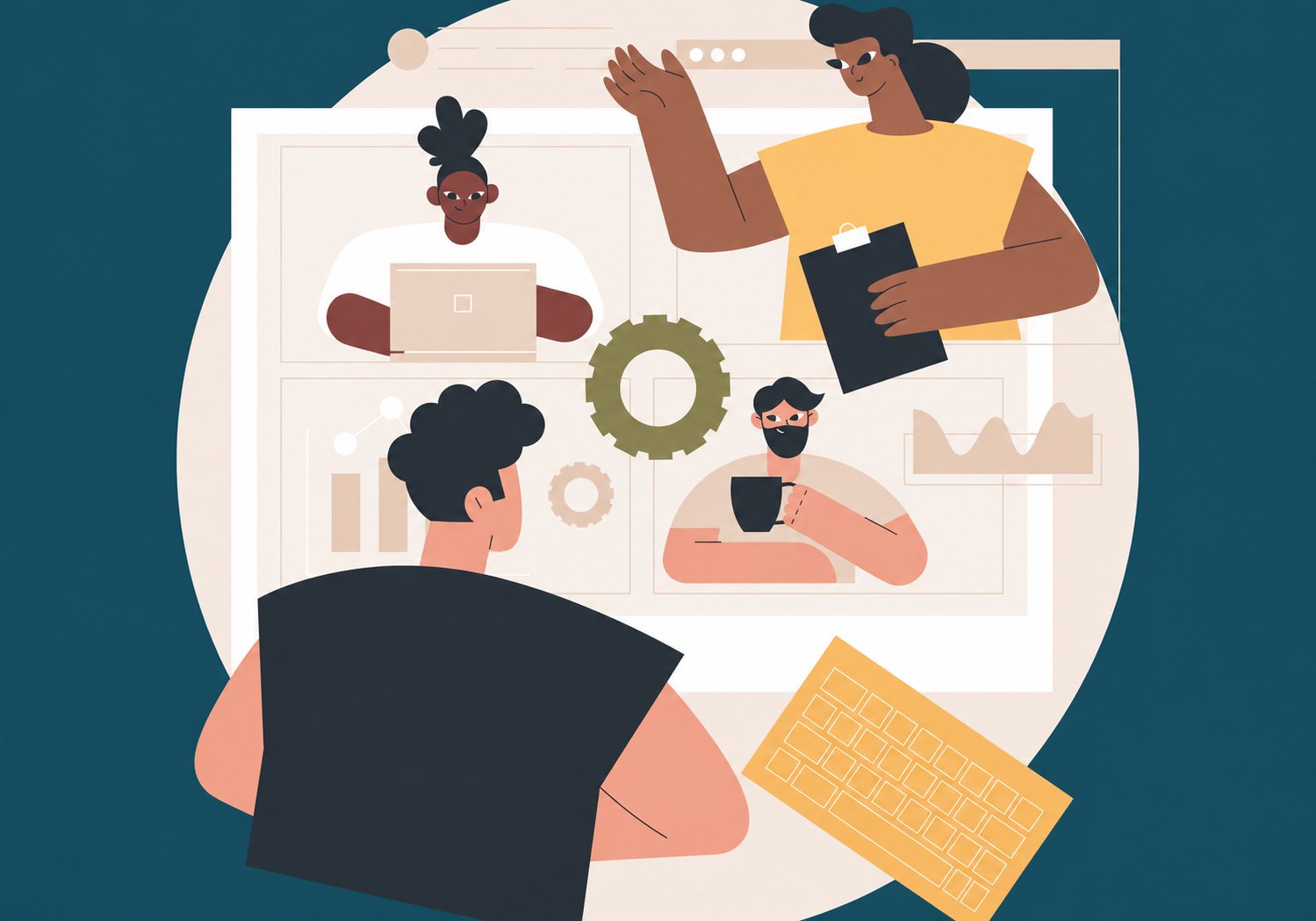 Illustration d’une réunion d’équipe en visioconférence avec ordinateur, engrenage et graphiques