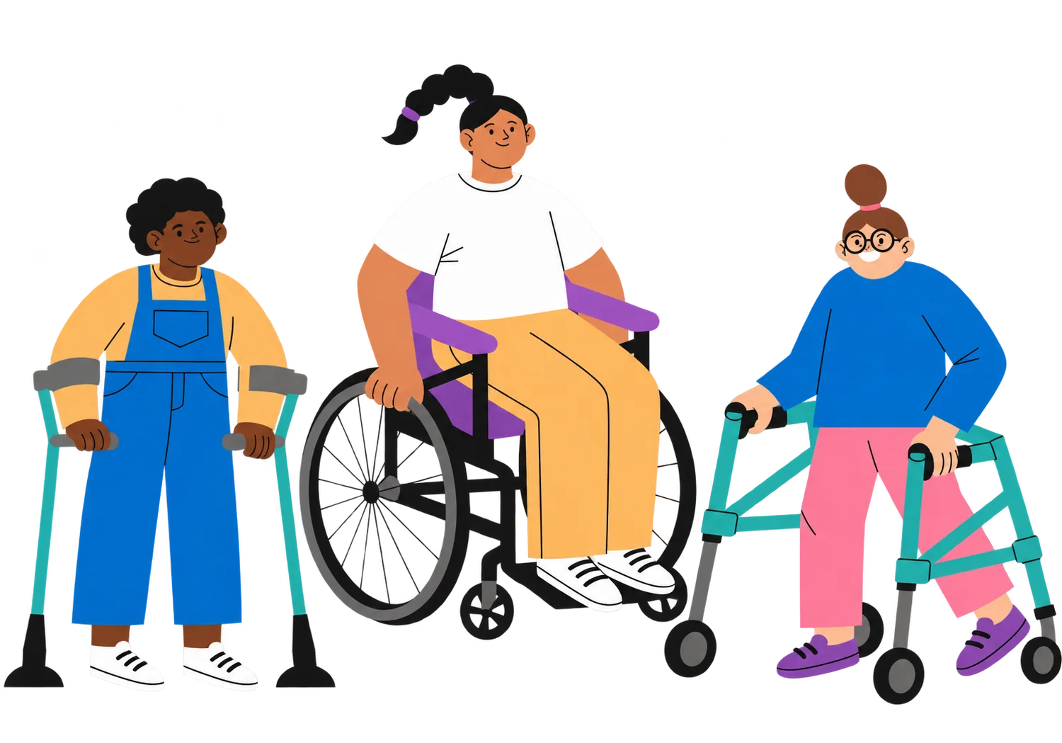 Illustration de trois personnes utilisant des aides à la mobilité différentes
