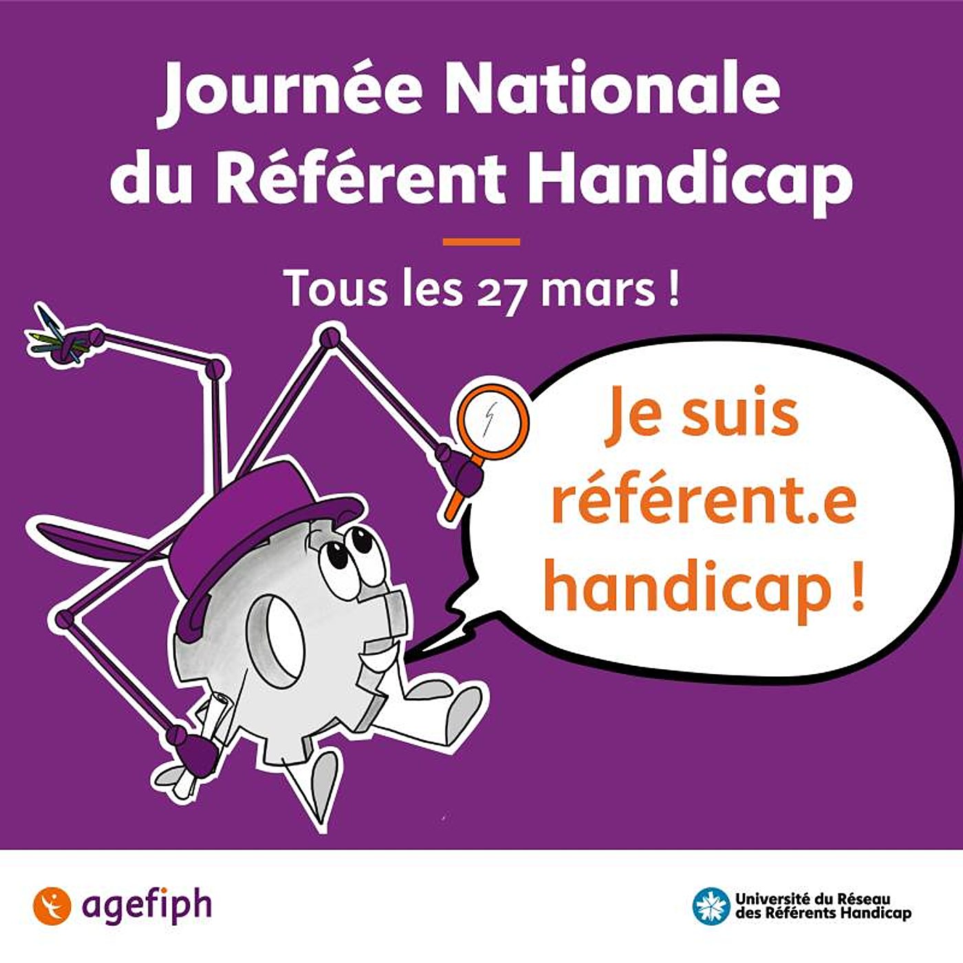 Affiche de la Journée nationale du Référent Handicap avec une mascotte en forme d’engrenage