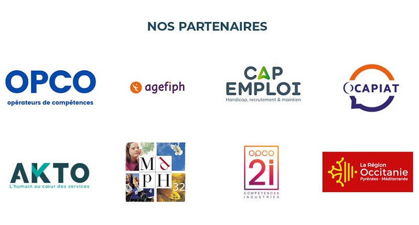 Logos des partenaires institutionnels : OPCO, Agefiph, Cap Emploi, Ocapiat, Akto et Région Occitanie