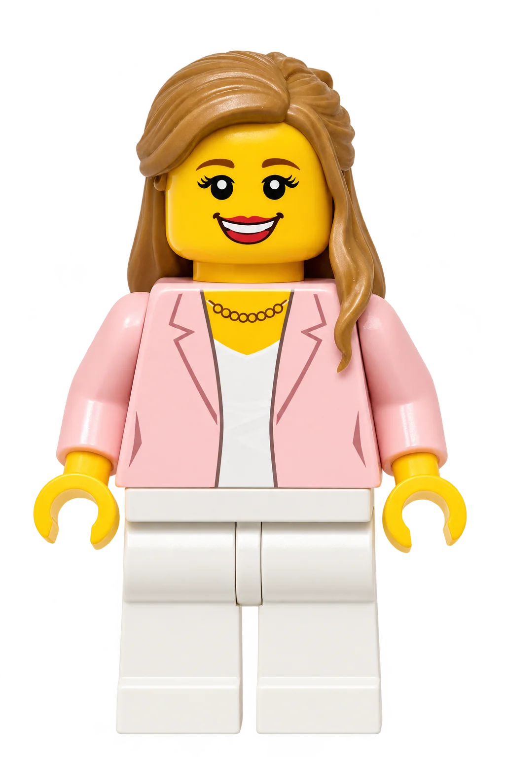 Minifigurine de femme souriante en veste rose et pantalon blanc, représentant Anne-Charlotte de Martrin